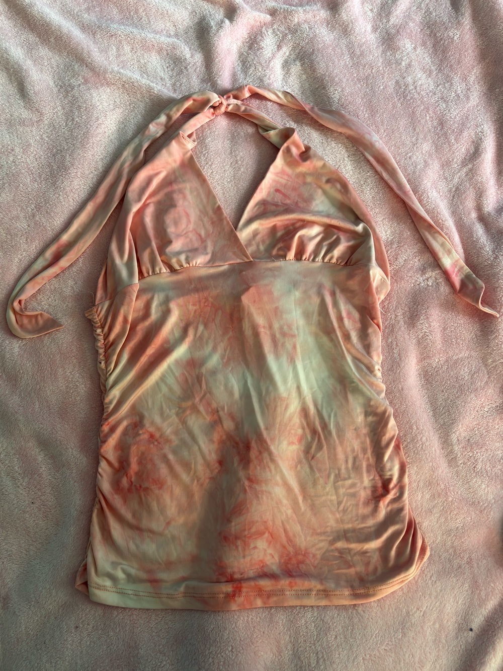 Sydney Joy Pink and White Tie Dye Backless Tie Halter Top Cinched Large